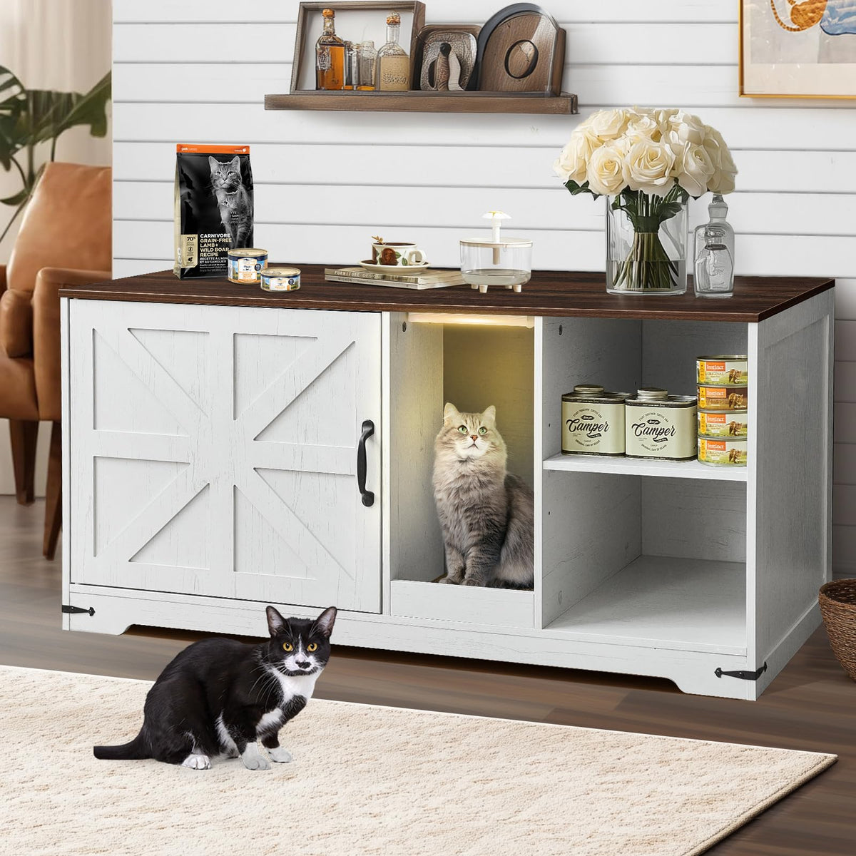 JanflyHome cat litter box enclosure front view showing hidden litter space