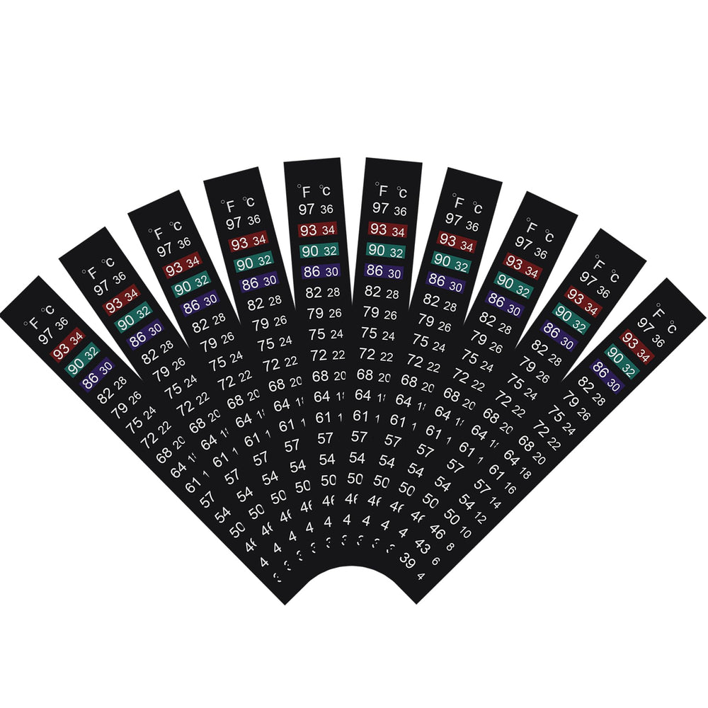 Jansamn thermometer strip front view with color-coded temp indicator.