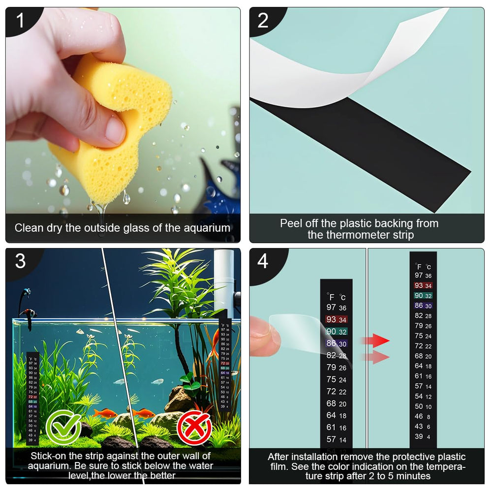 JANSAMN fish tank thermometer strip on aquarium glass for quick temperature checks.