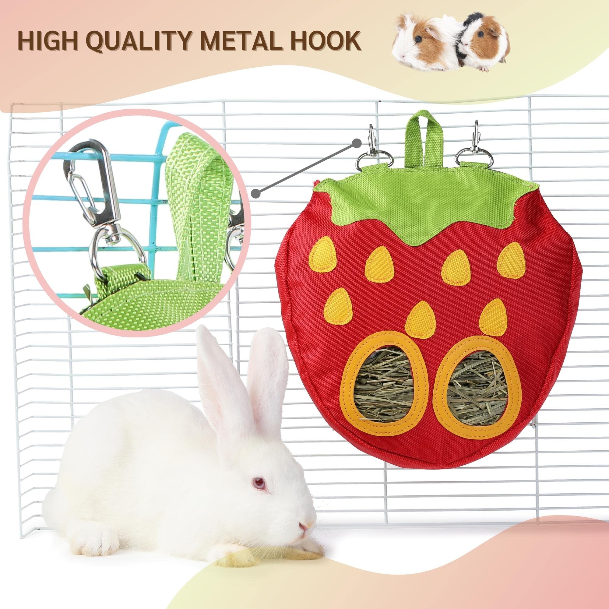 JanYoo hay feeder bag attached to wire cage with snap closures