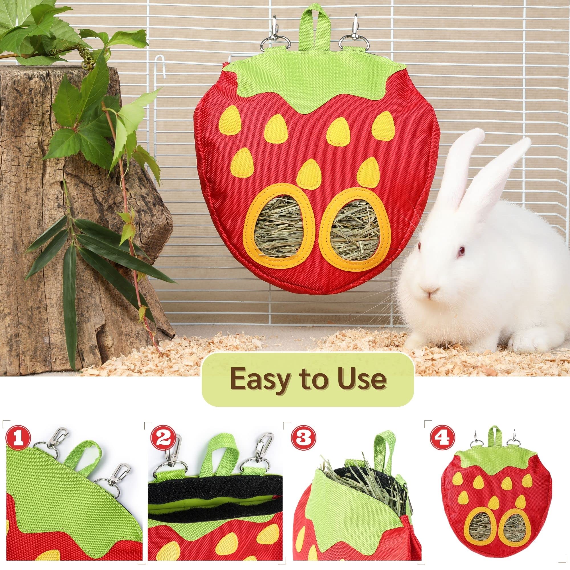 JanYoo hay feeder bag demonstrates mess prevention in a clean cage