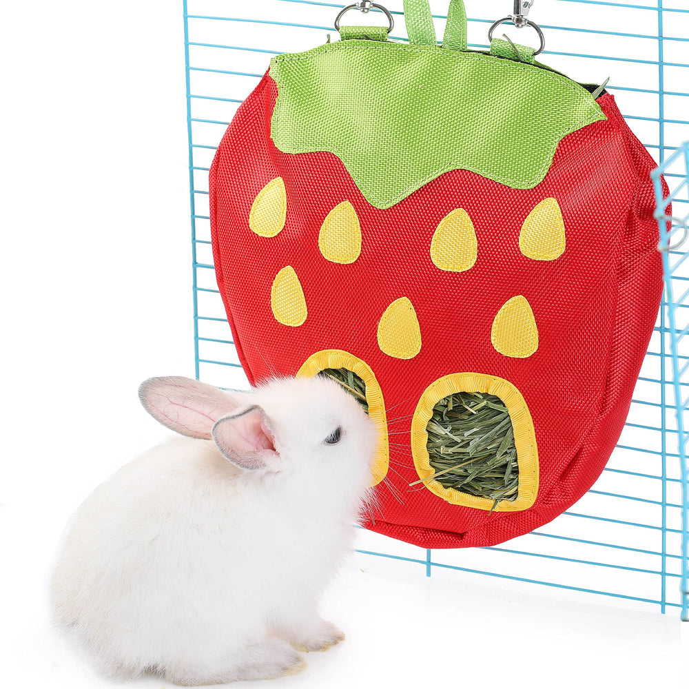 JanYoo hay feeder bag on cage shows durable fabric and waste-reducing design