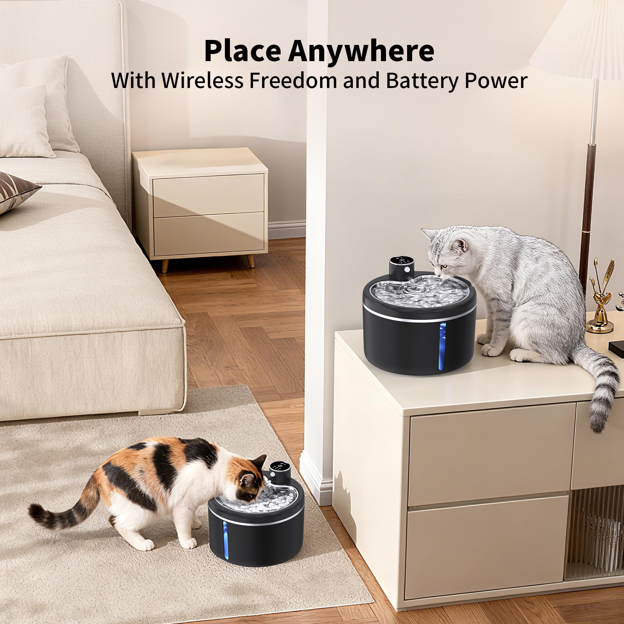 JAOJCOE cat water fountain indoors-use demonstrates placement on counters or floors.