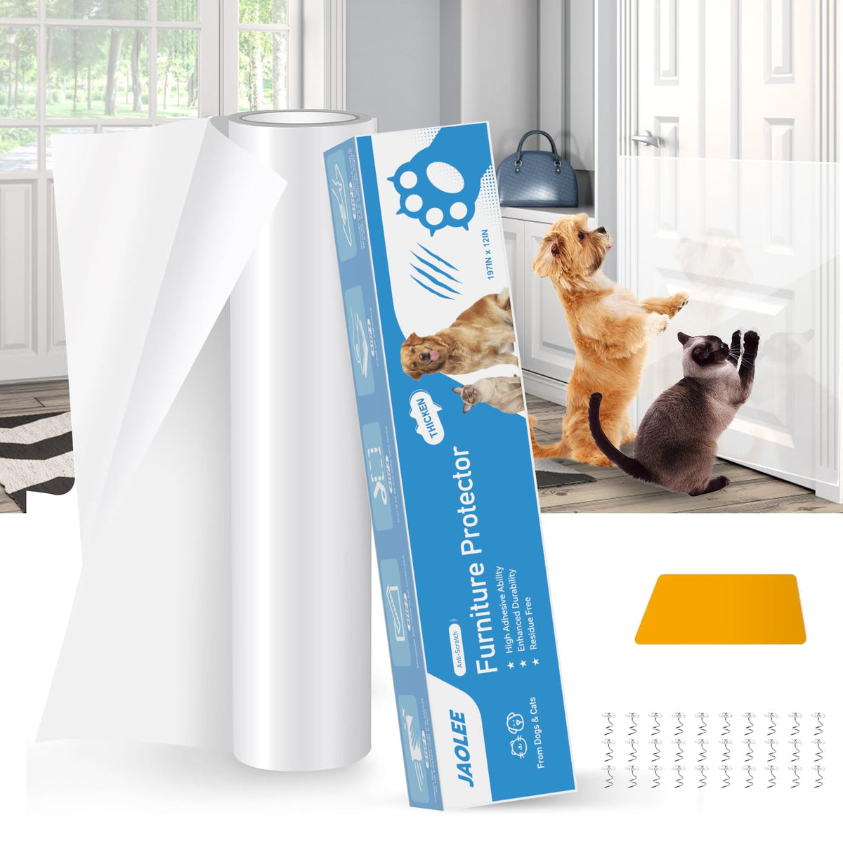 Jaolee door protector from dog scratching on a long roll protects doors from claws and scuffs during daily use
