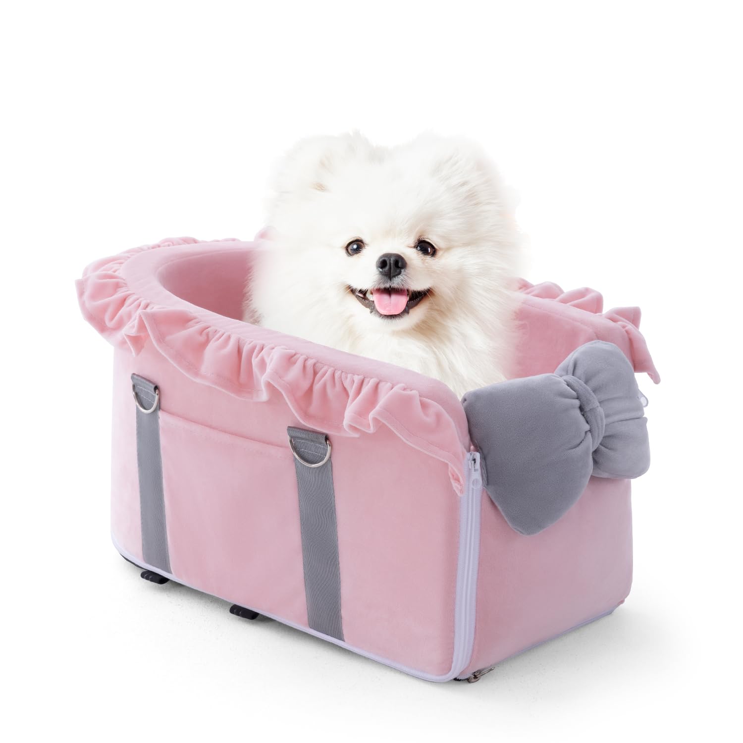 Jaoul dog car seat with pink gray bow design for stylish travel comfort
