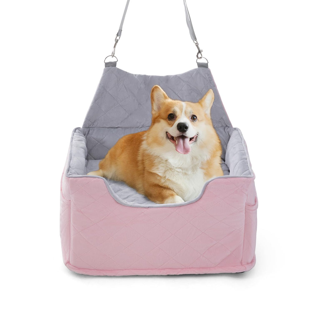 Jaoul dog booster seat pink side view provides elevated comfort for small dogs