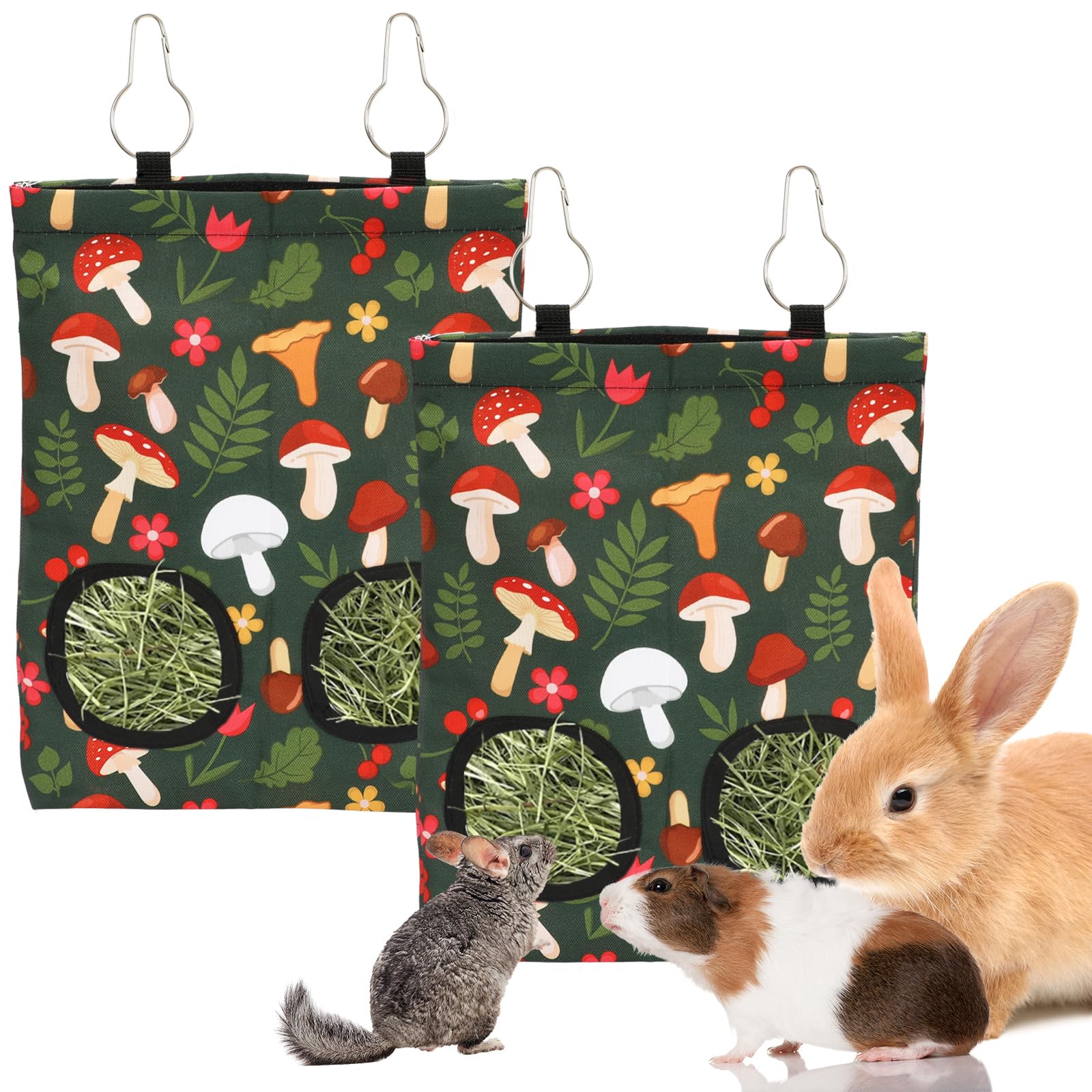 JarThenaAMCS hanging hay feeder bag with two holes for easy access in cages.
