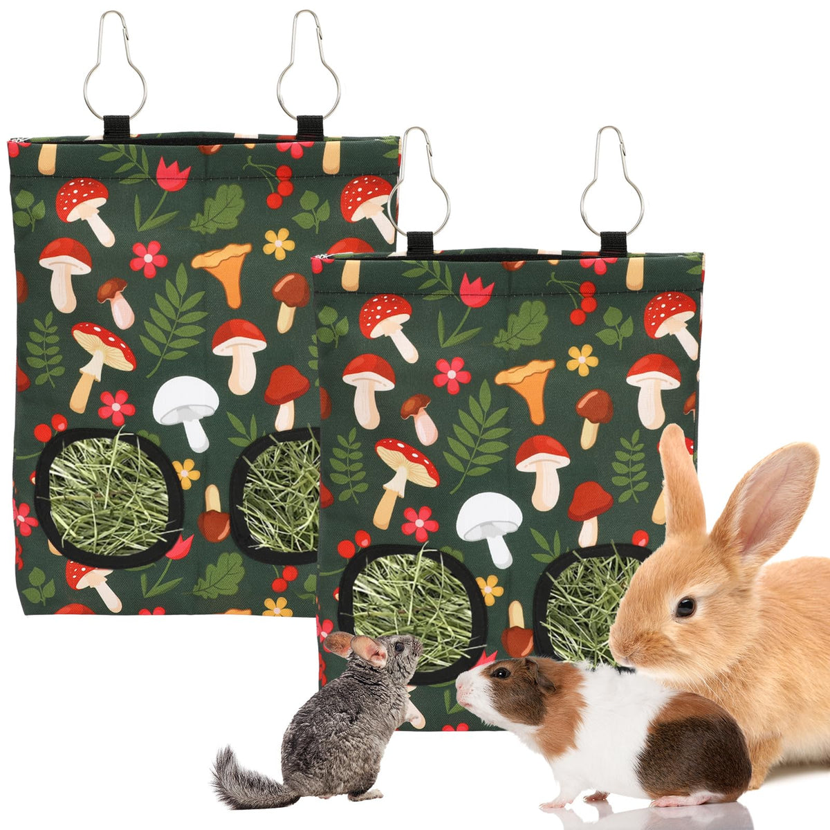 JarThenaAMCS hanging hay feeder bag with two holes for easy access in cages.