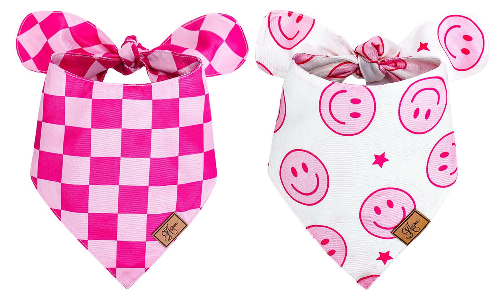 JarThenaAMCS pink smile face bandana close-up showing soft fabric for daily wear.