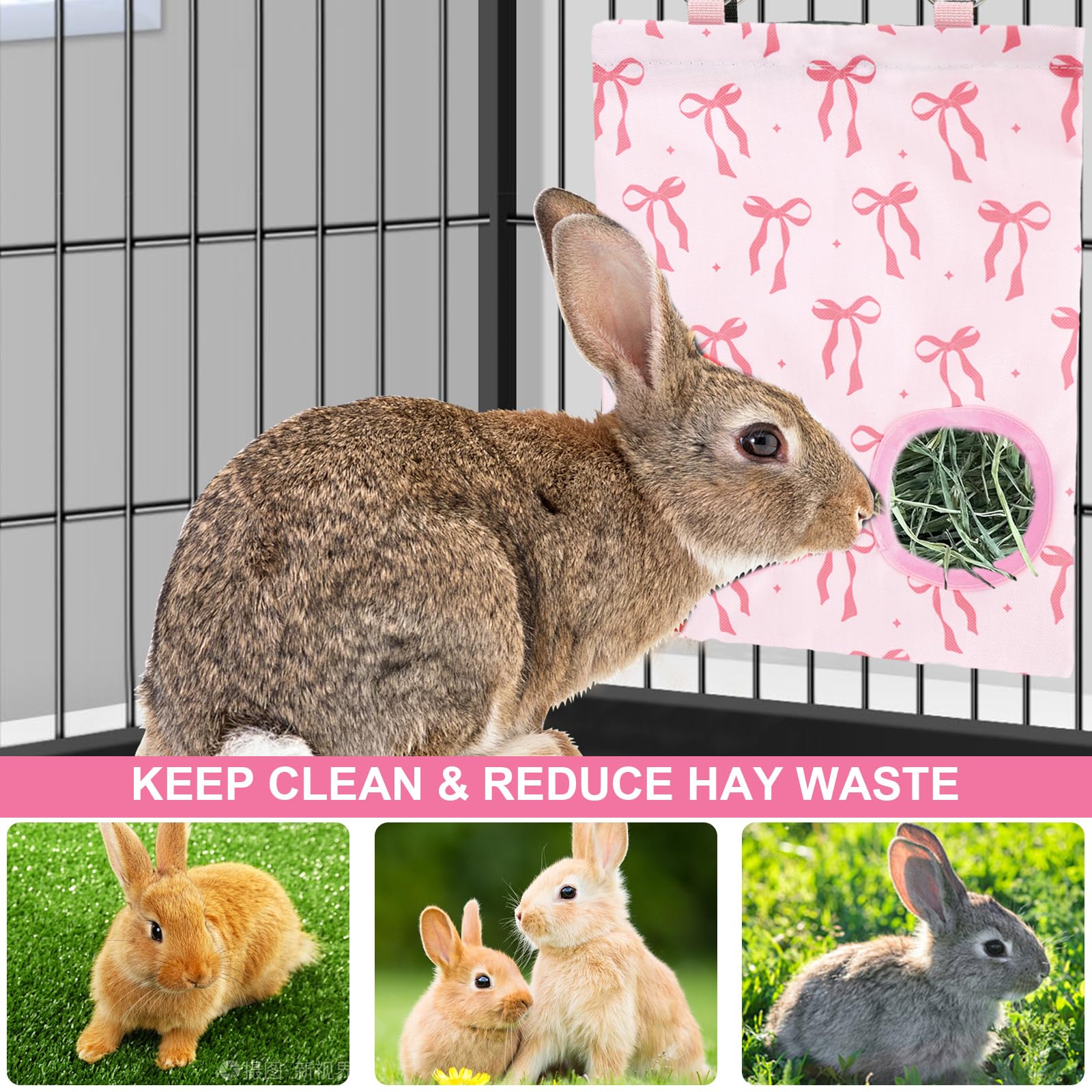 JarThenaAMCS rabbit hay feeder bag hanging in cage demonstrates easy access.