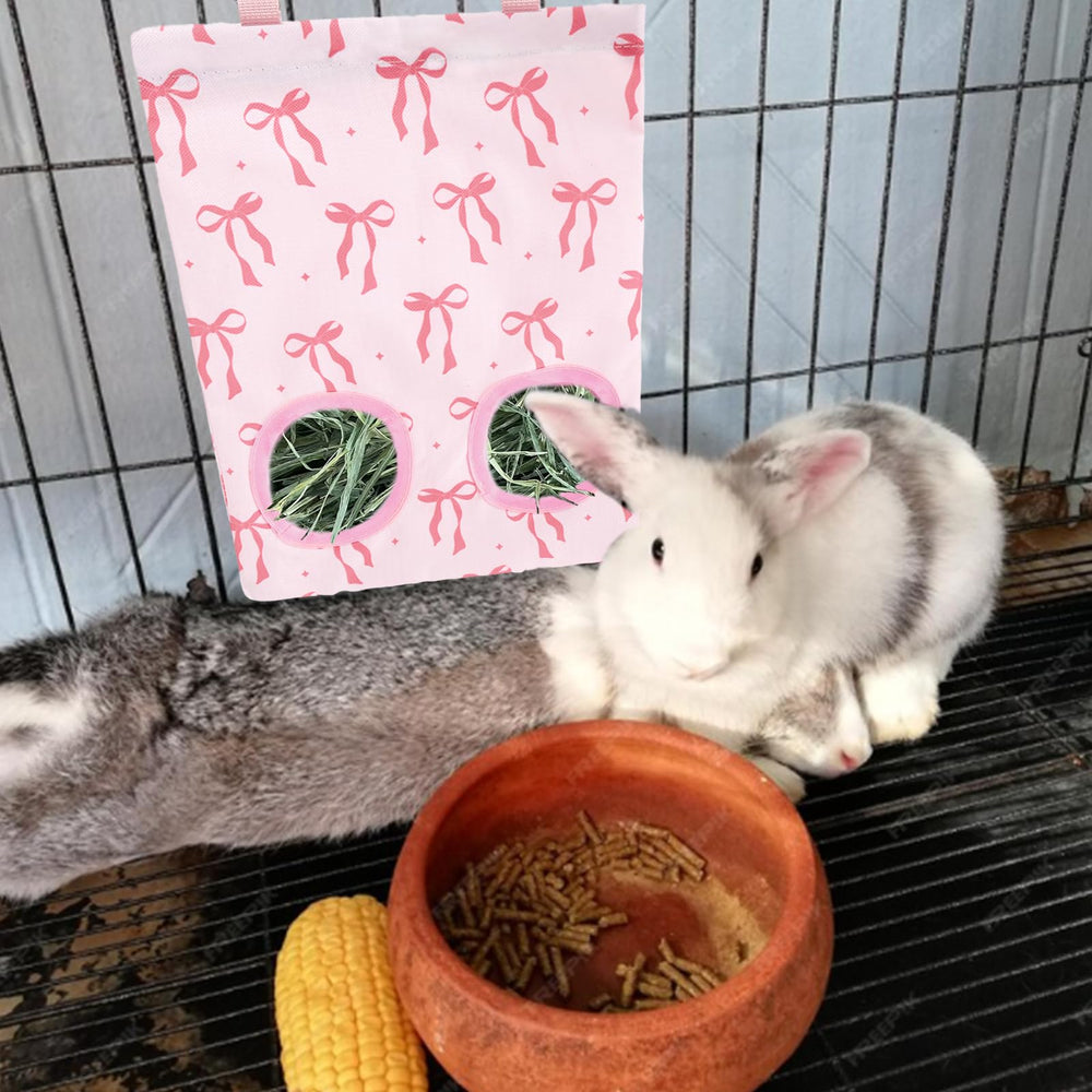 JarThenaAMCS rabbit hay feeder bag two-hole design for convenient feeding.