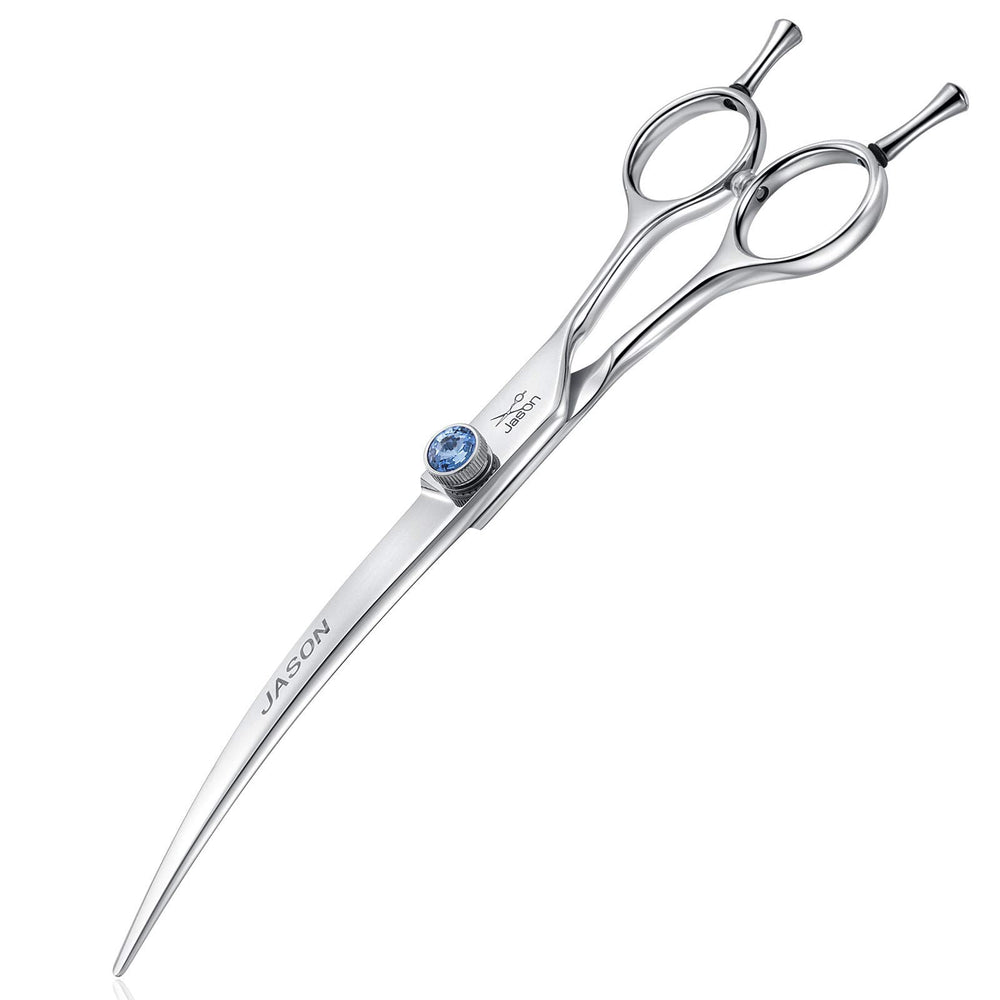 JASON curved dog grooming scissors blade close-up for precision trimming and smooth cuts