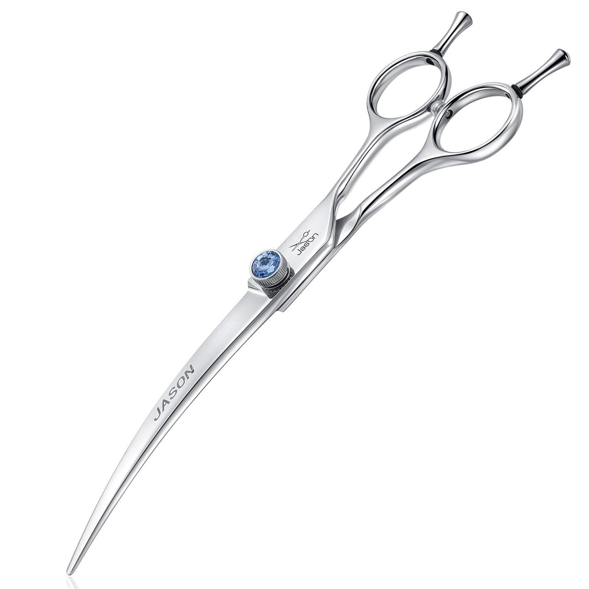 JASON curved dog grooming scissors blade close-up for precision trimming and smooth cuts
