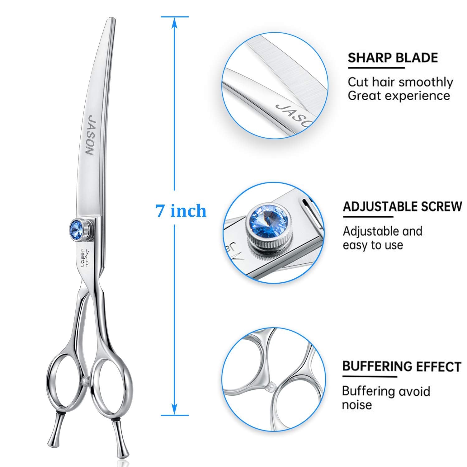 JASON curved dog grooming scissors jewelled screw close-up for precise adjustment for right-handed groomers