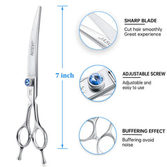 JASON curved dog grooming scissors jewelled screw close-up for precise adjustment for right-handed groomers