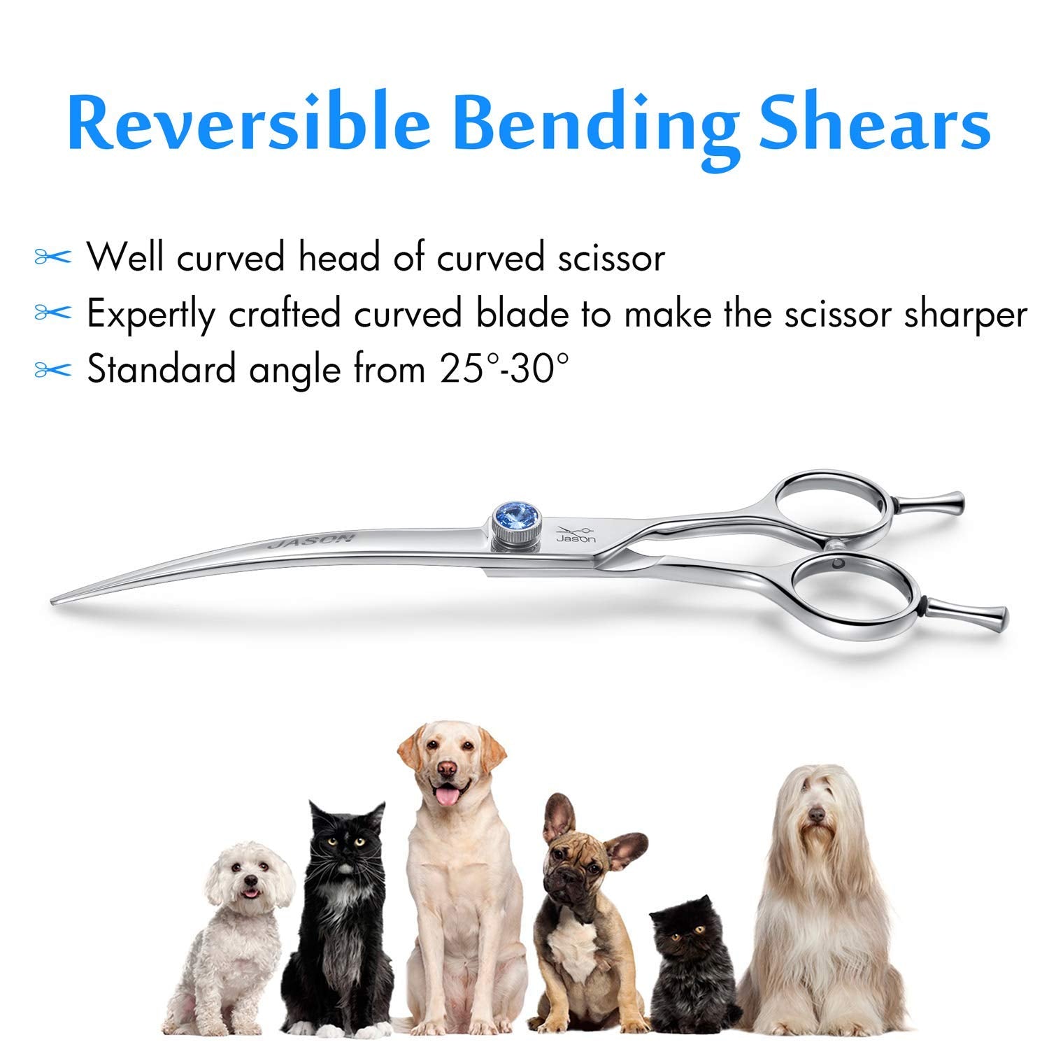 JASON curved grooming scissors offset handle demonstrates ergonomic comfort for longer grooming sessions