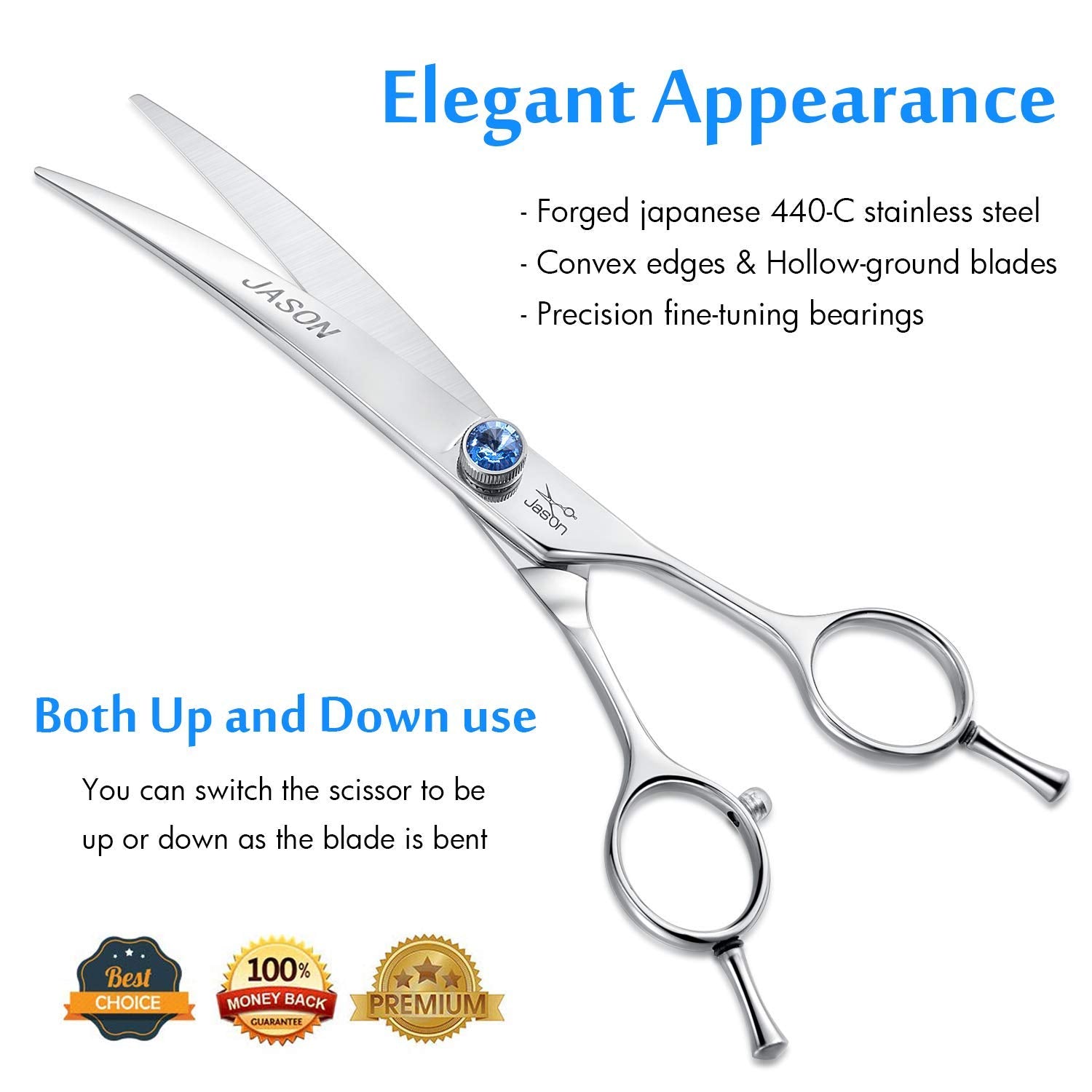 JASON curved grooming scissors shaping roundness on heads, feet, legs, and ribcages
