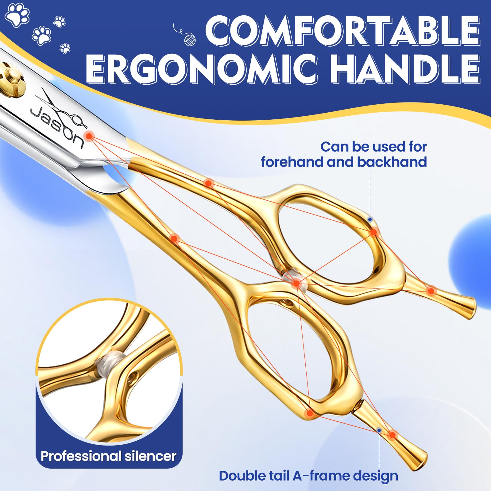 JASON curved thinner dog scissors 42-teeth detail for natural finishes.