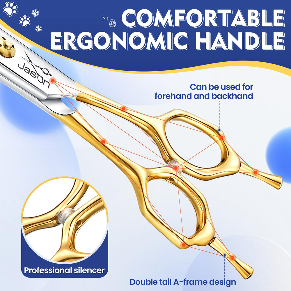 JASON curved thinner dog scissors 42-teeth detail for natural finishes.
