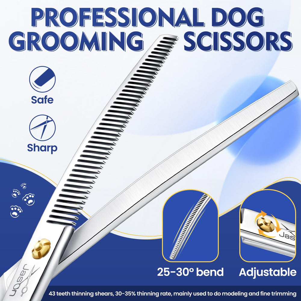 JASON curved thinner dog scissors adjustable-screw focus enables precise blade tension.
