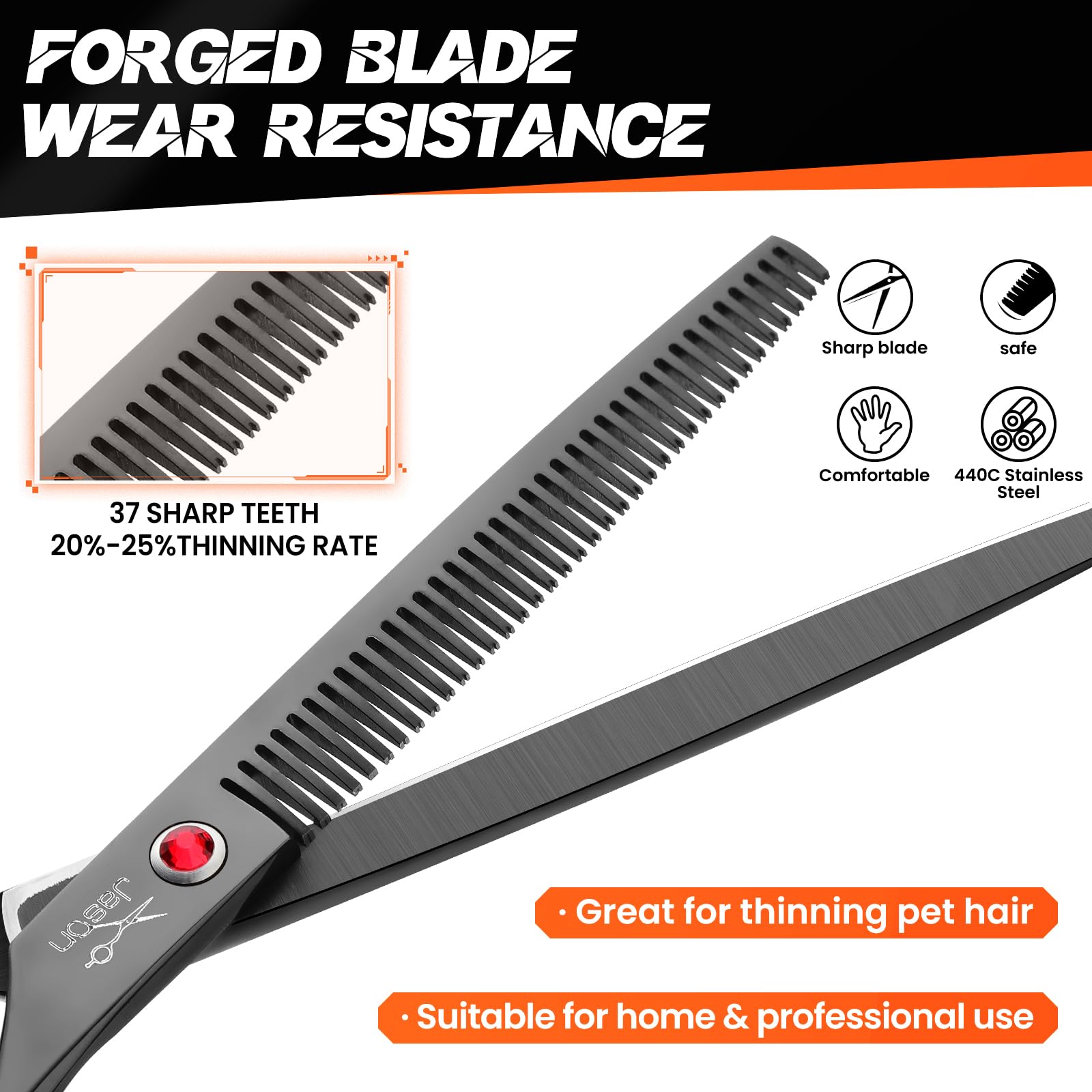 Jason scissor adjustable screw for customizing cut thickness across fur types.