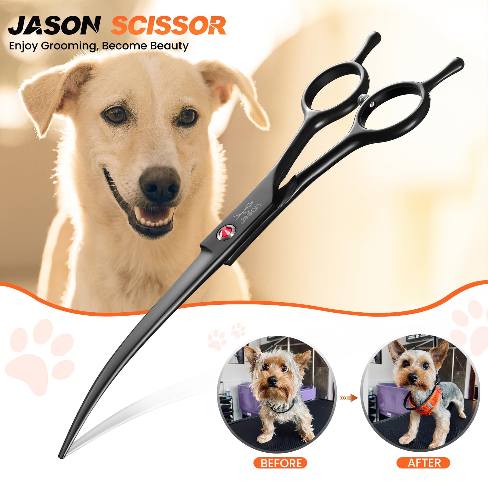 JASON ergonomic handle supports comfortable pet grooming sessions with reduced hand strain.