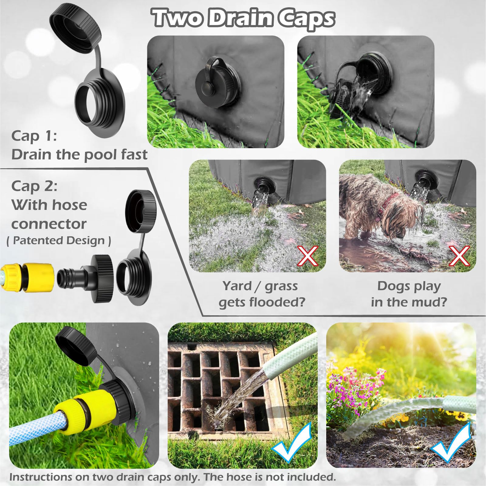 Jasonwell foldable dog pool hose connector enables easy drainage after play