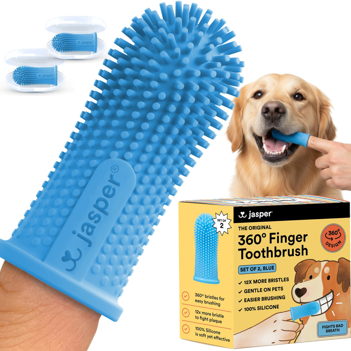 Jasper dog toothbrush 360-clean image shows all-around bristle action for thorough cleaning.