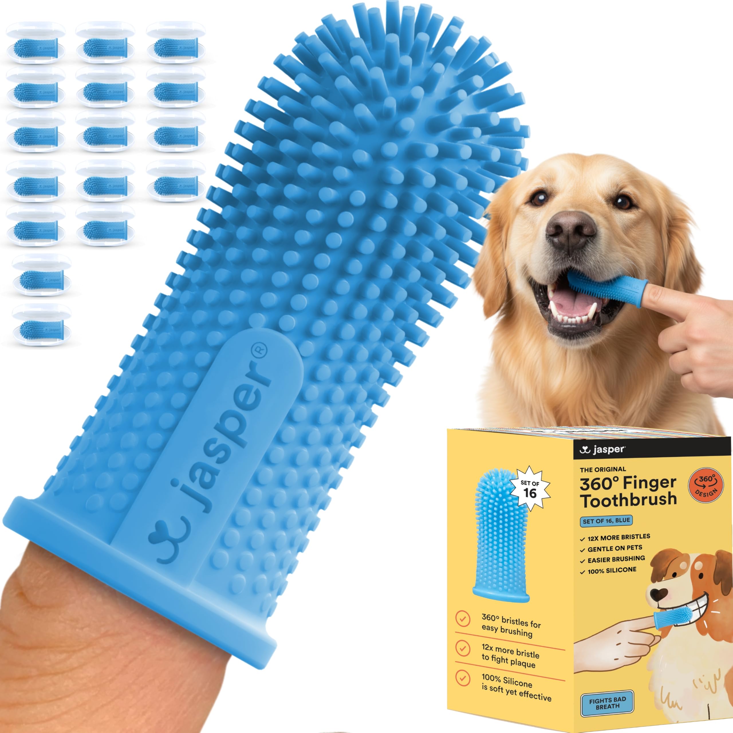 Jasper dog toothbrush 360-degree clean shows full-mouth coverage for faster plaque control.