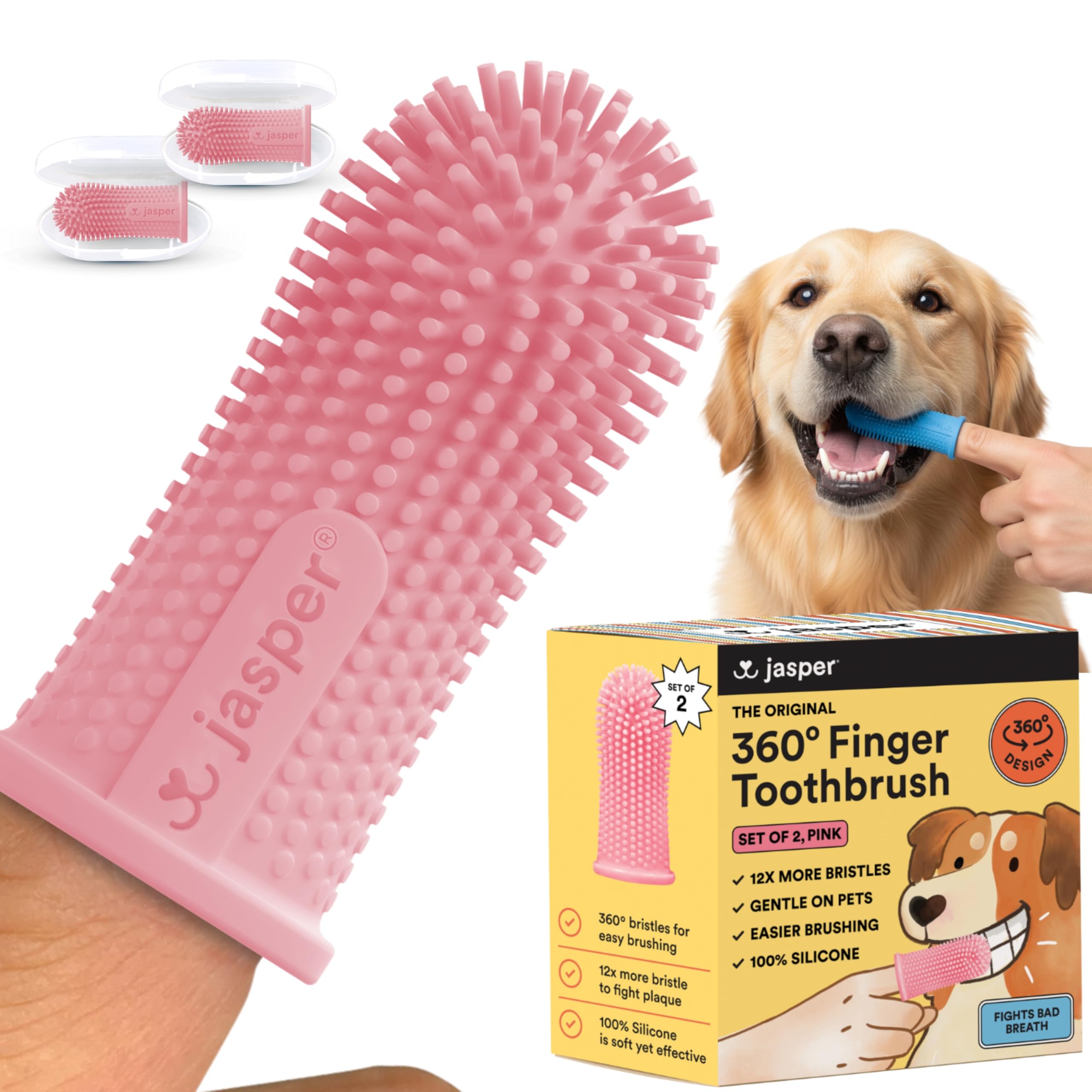 Jasper dog toothbrush 360-degree clean provides thorough surface brushing for whiter teeth.