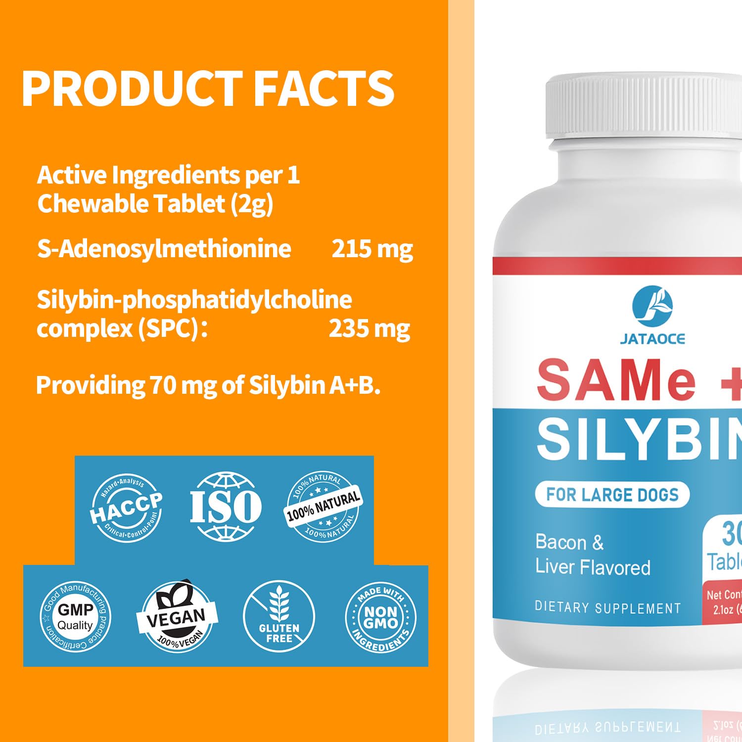 Jataoce Same + Silybin dog tablets closeup, convenient dosing for pets.
