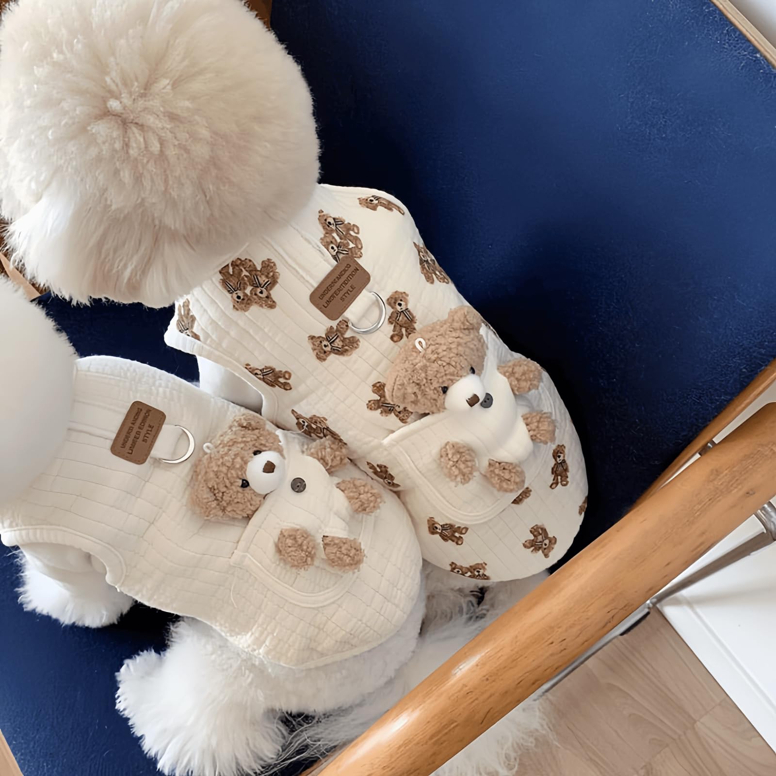 Jatmira plush bear-pattern puppy pullover side view, flexible fit for movement.