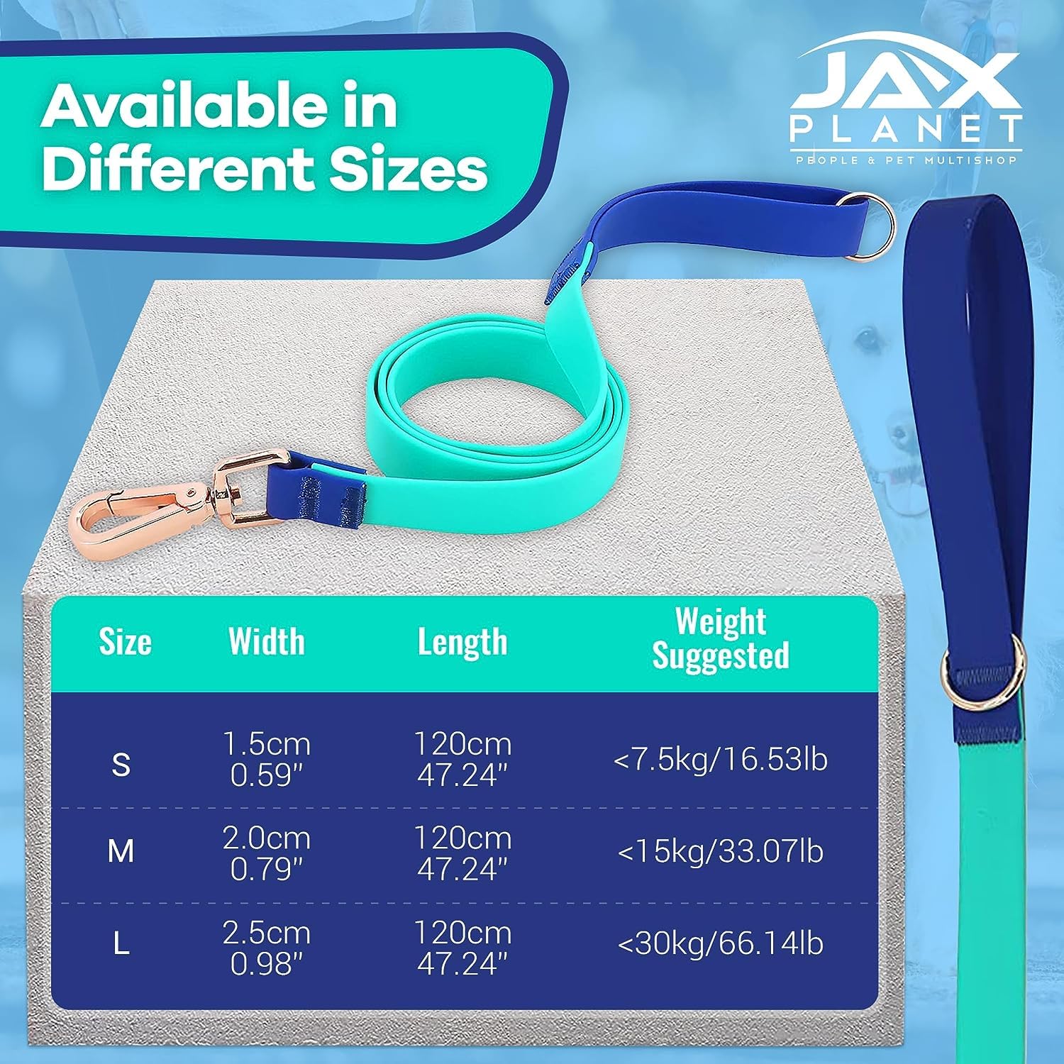 JAX PLANET colorful leash turquoise and blue stands out on crowded trails.