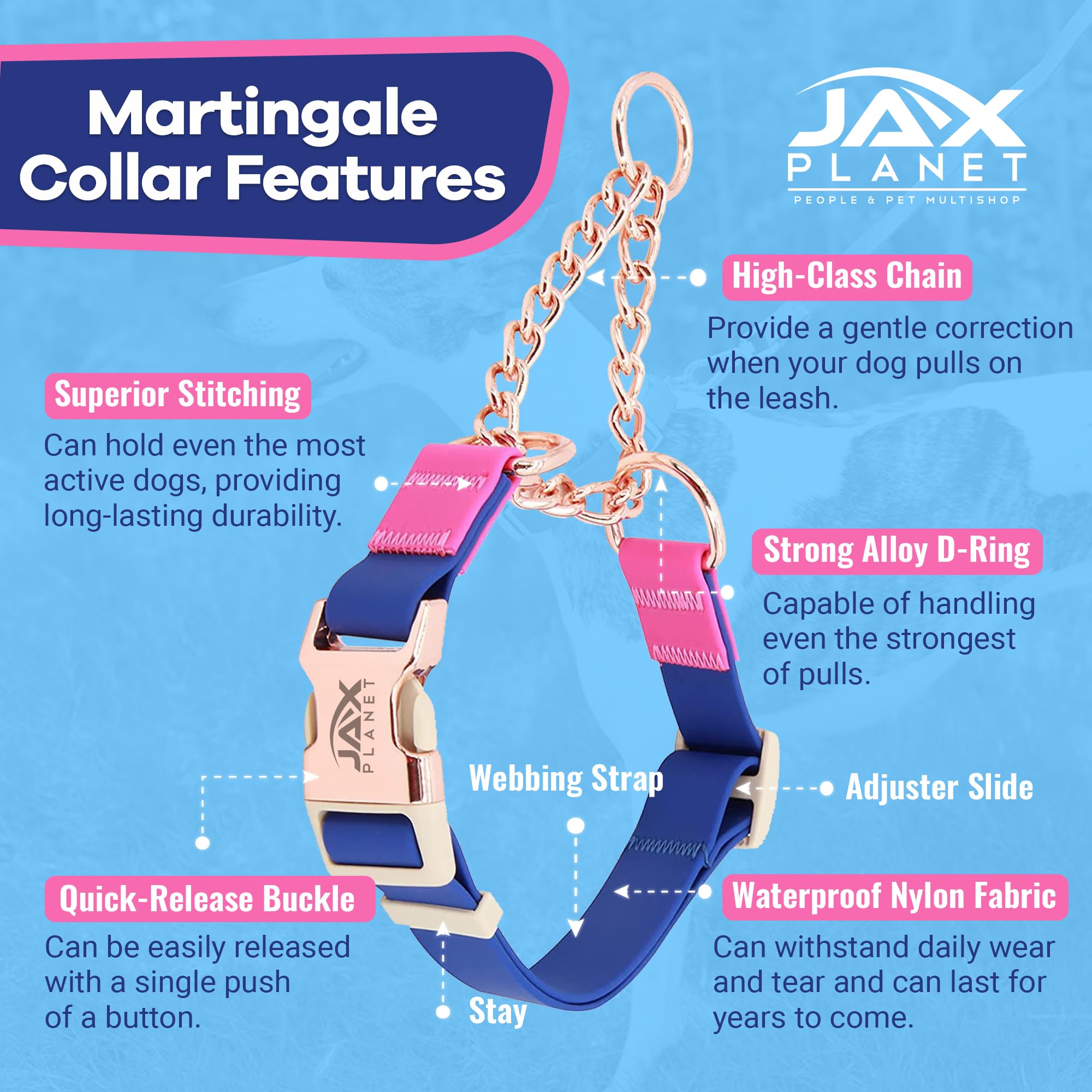 JAX PLANET no-pull martingale collar nylon strap demonstrates anti-pull function for easier walks.