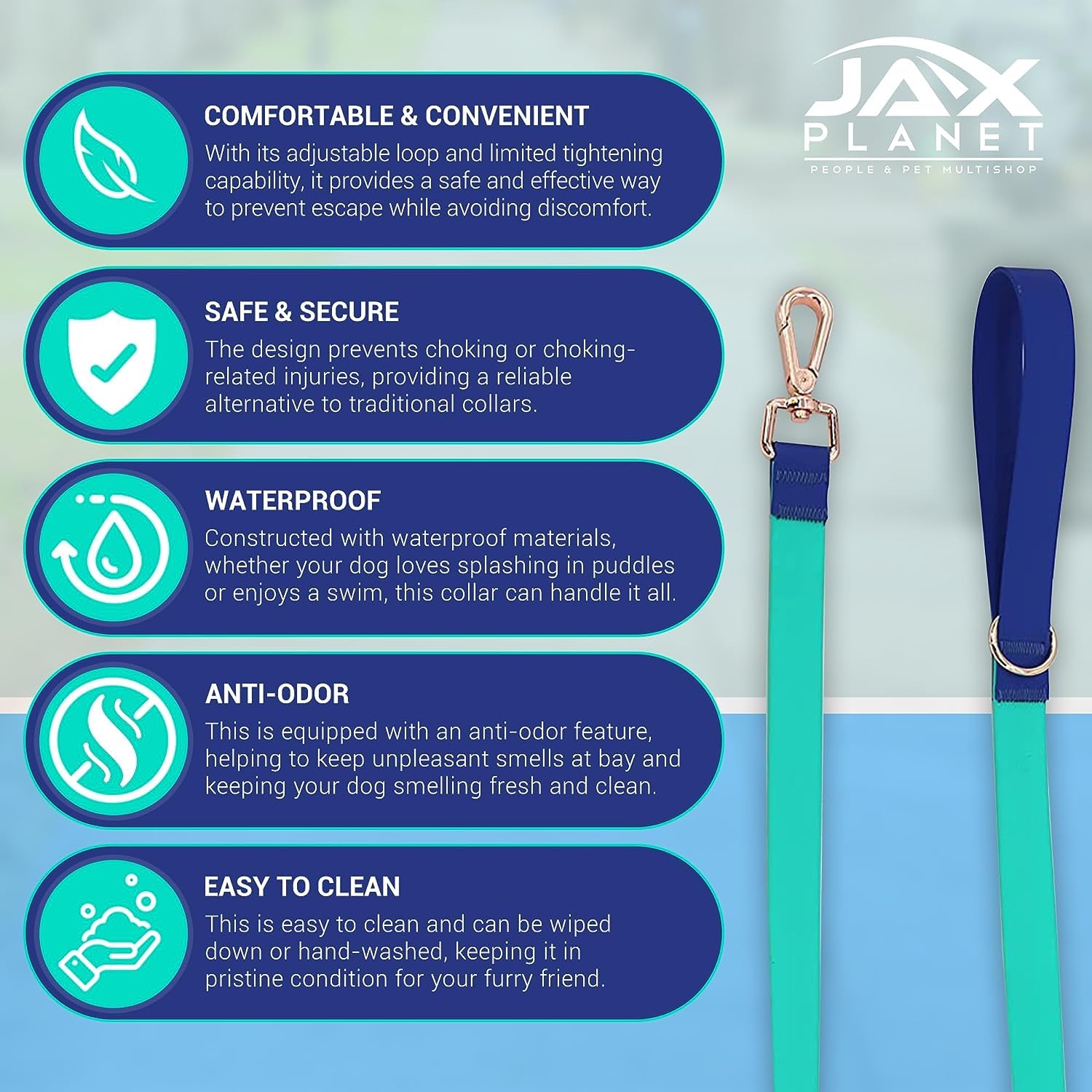 JAX PLANET waterproof dog leash grip highlights a non-slip handle for comfortable training.