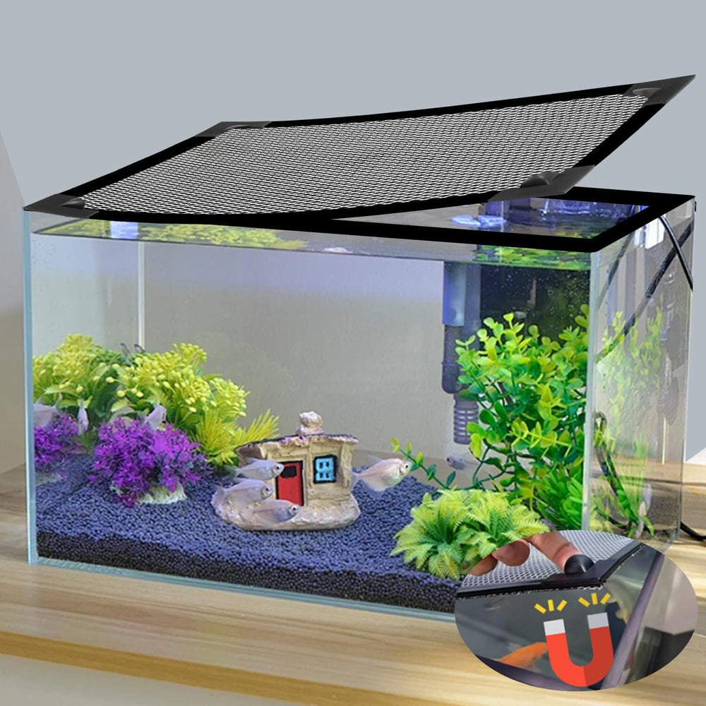 Jaxbo magnetic aquarium lid top view shows secure fit and easy feeding access.