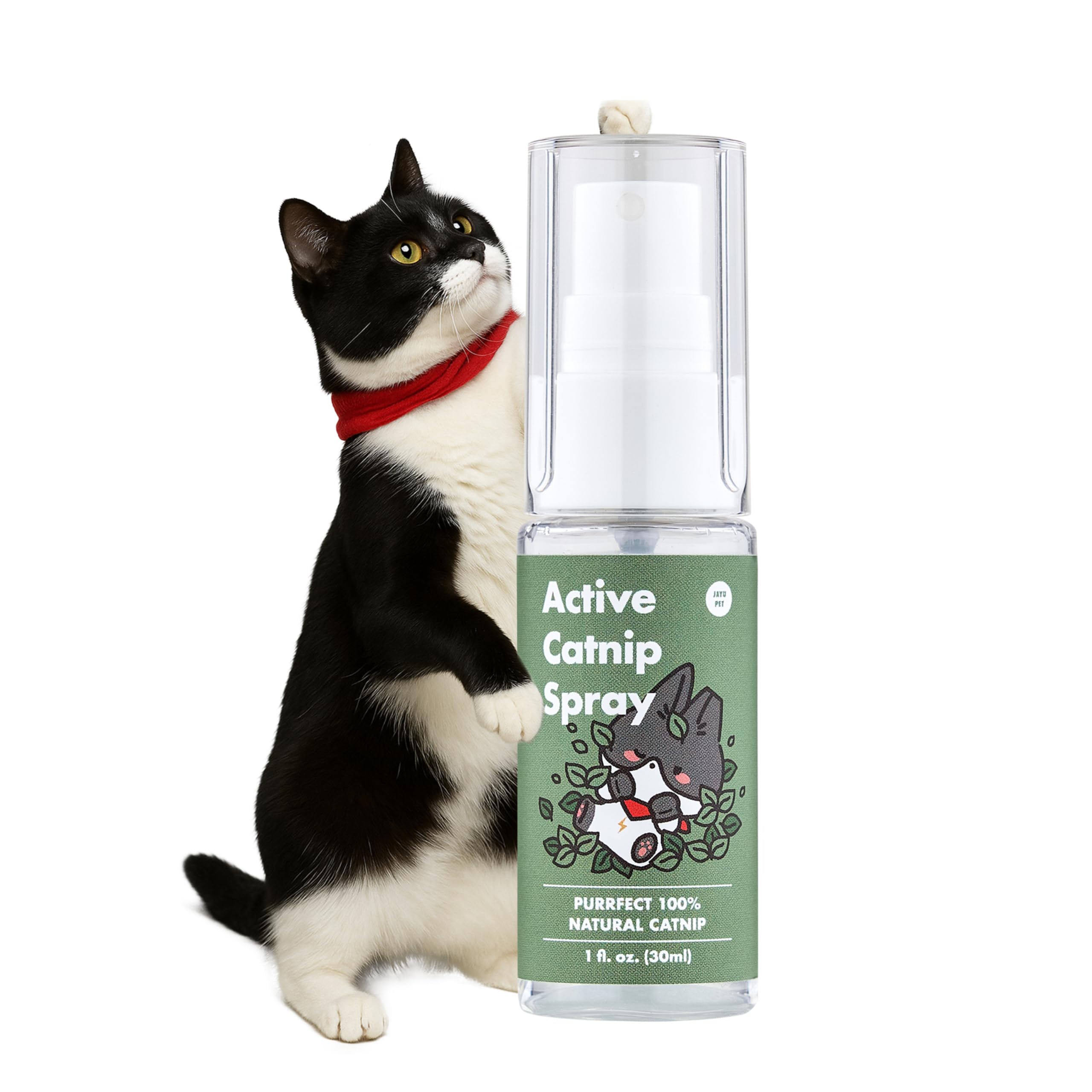 JAYU PET Active Catnip Spray bottle closeup showing high-potency formula for calm play