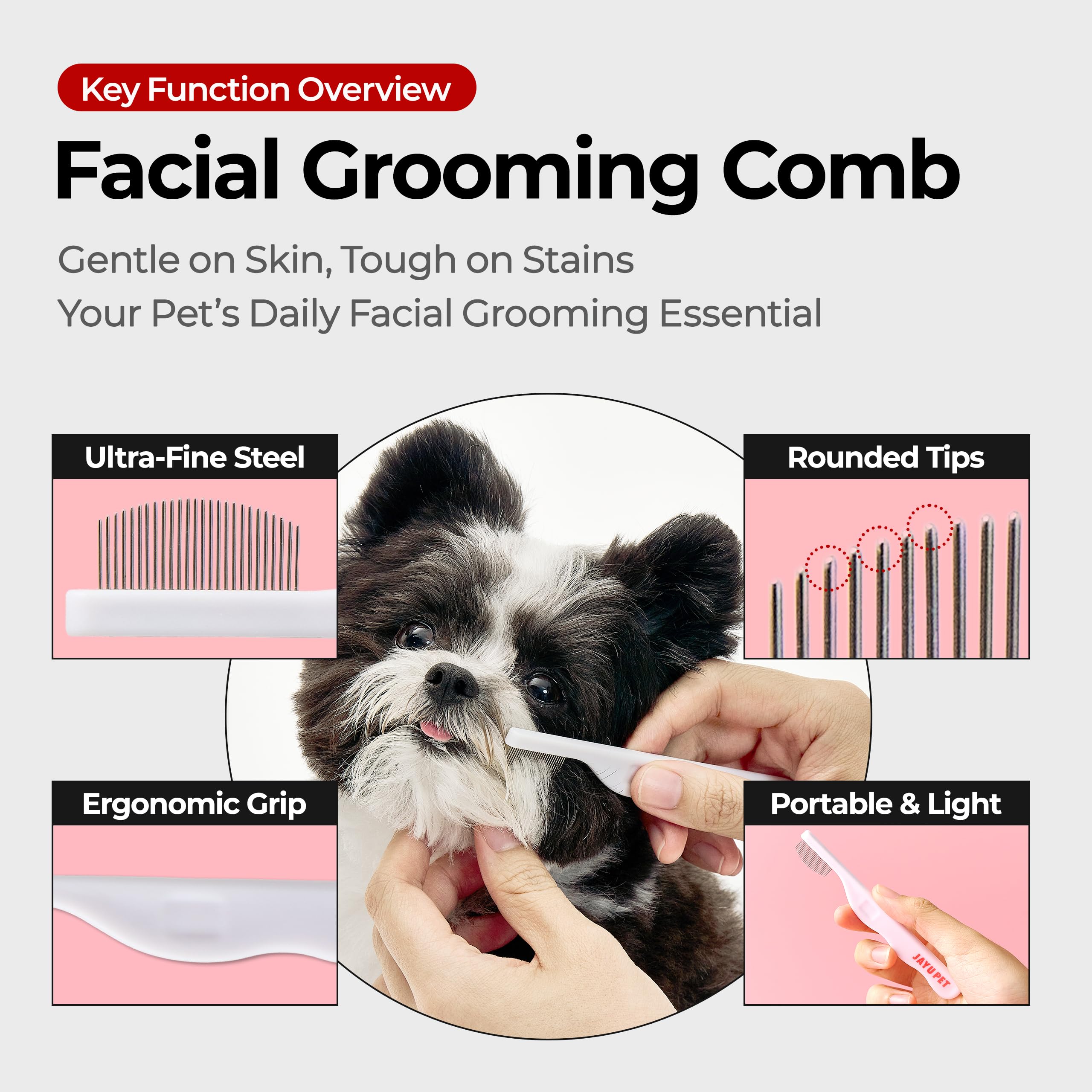 JAYU PET facial grooming comb safety-tips highlights rounded prongs for gentle grooming