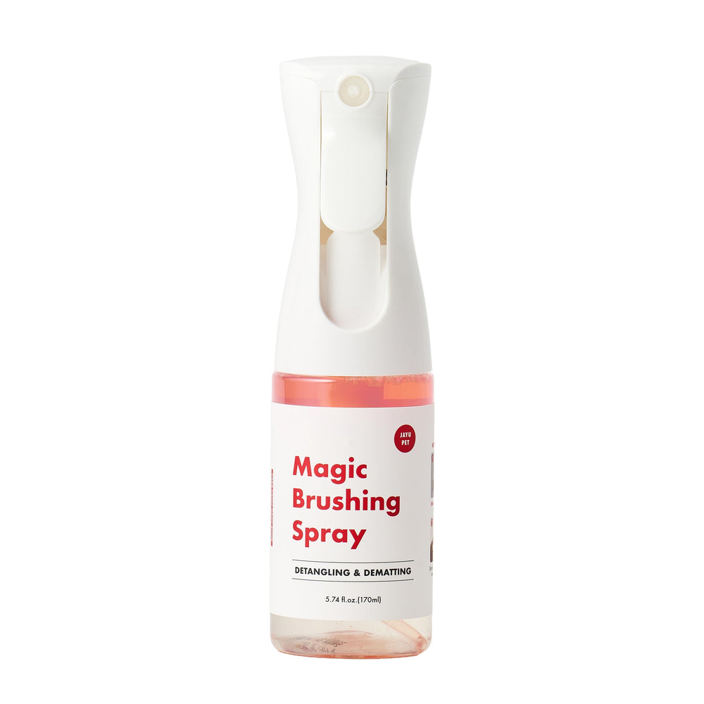 JAYU PET Magic Brushing Spray bottle closeup showing dual-layer formula for smooth grooming