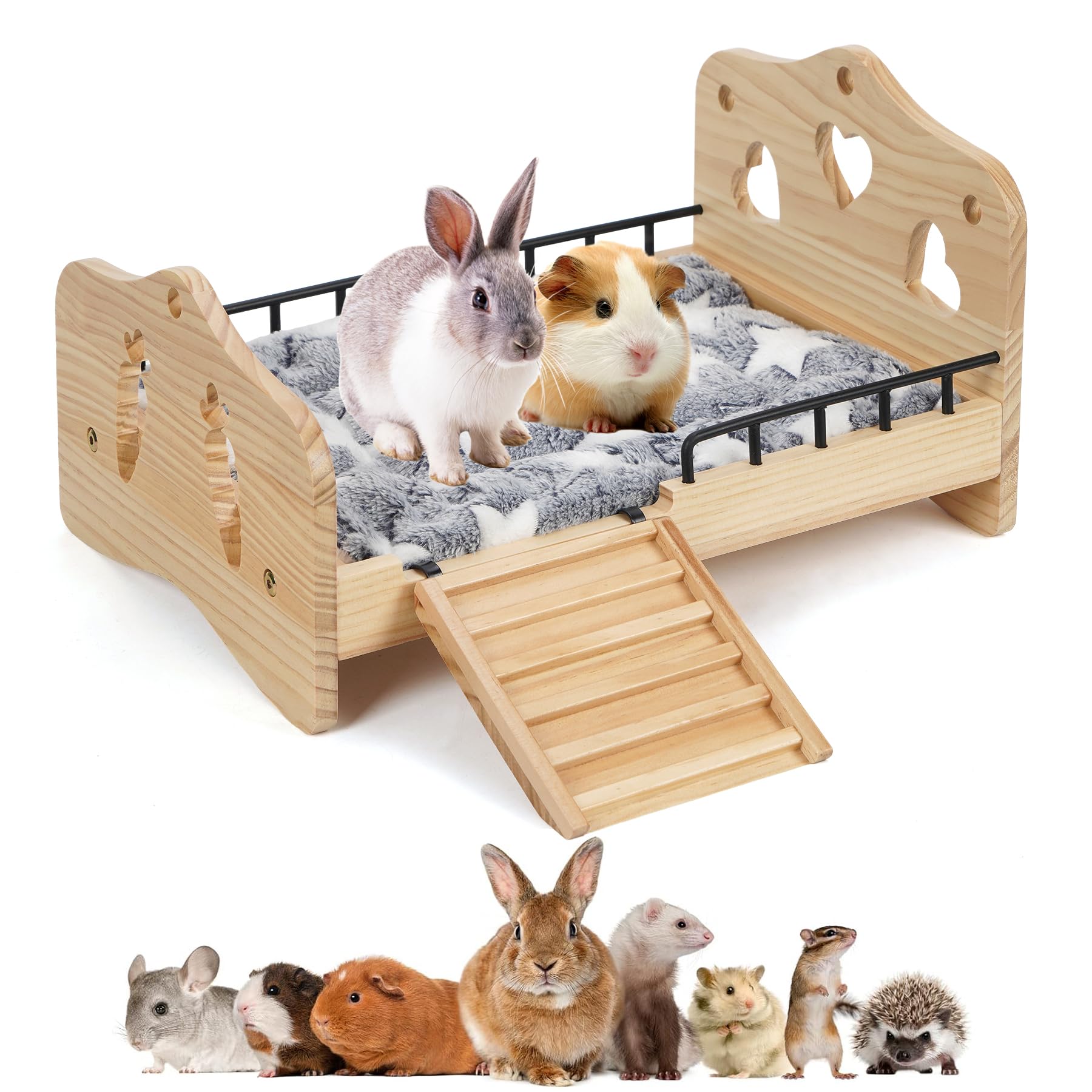 JAZUIHA wooden bunny bed front view showing sturdy natural wood for a safe pet retreat