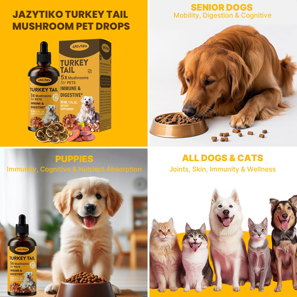 Jazytiko Turkey Tail for Dogs supplement with probiotics beside food dish.