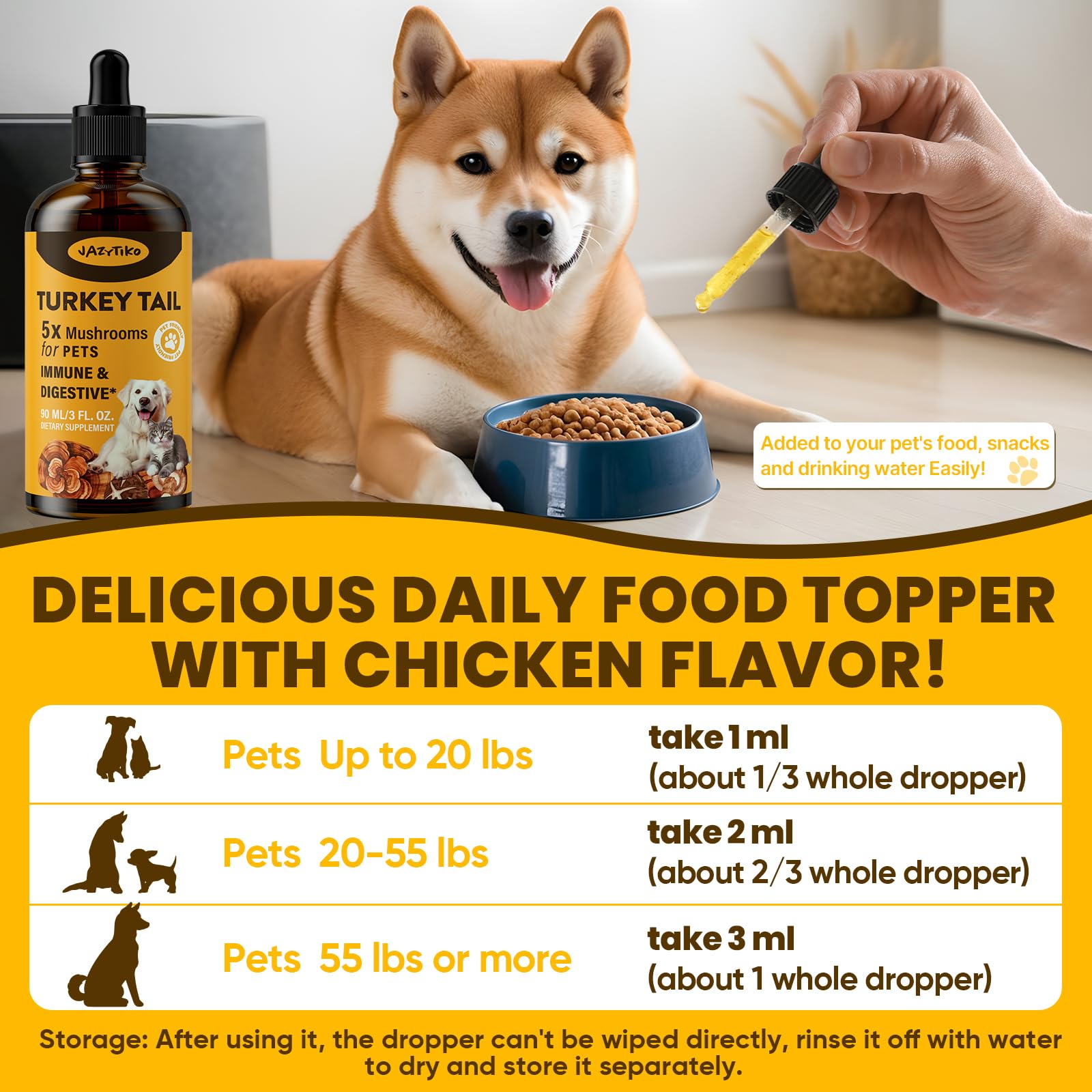 Jazytiko Turkey Tail for Dogs label shows five mushrooms and turmeric blend.