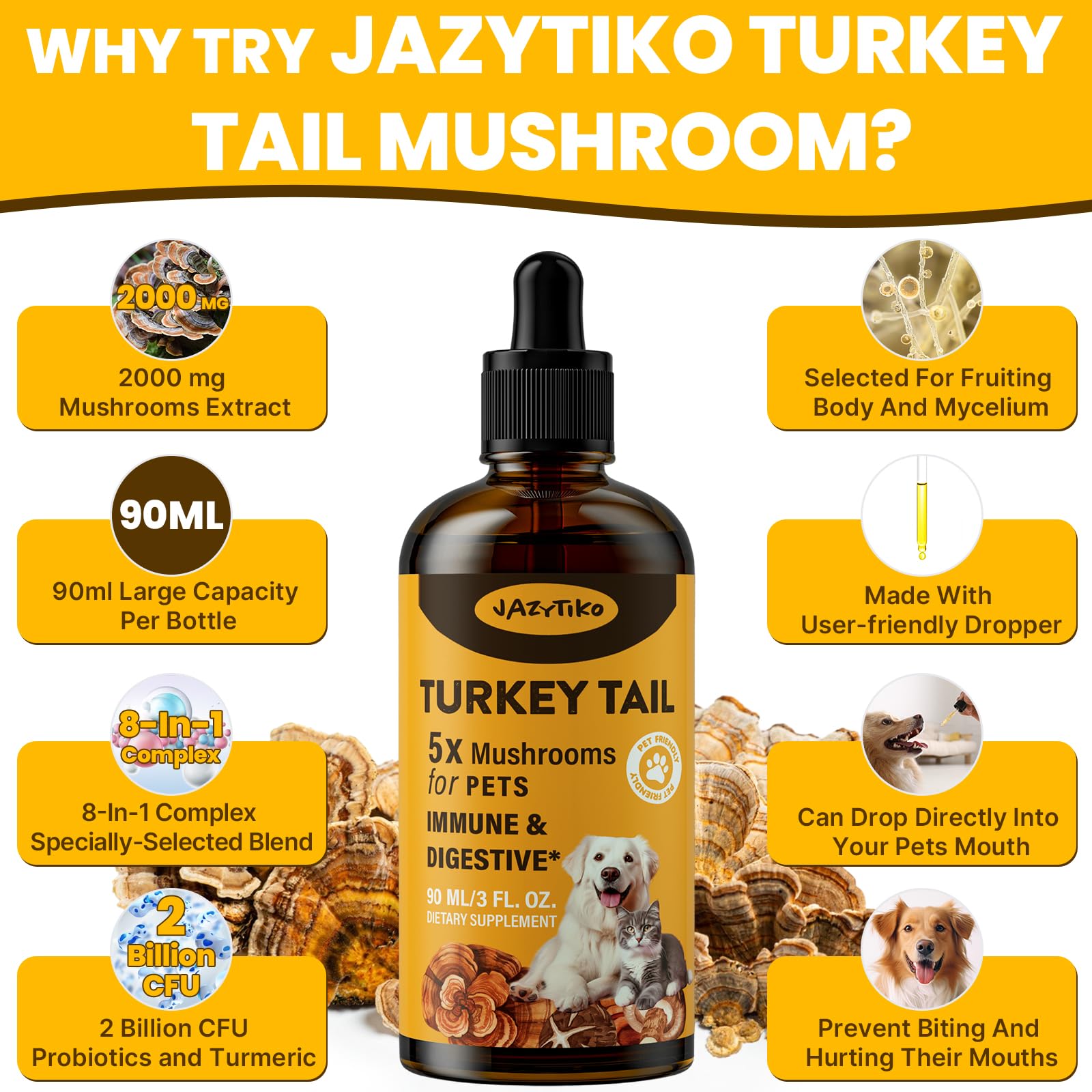 Jazytiko Turkey Tail for Dogs dropper beside bowl for daily joint support.