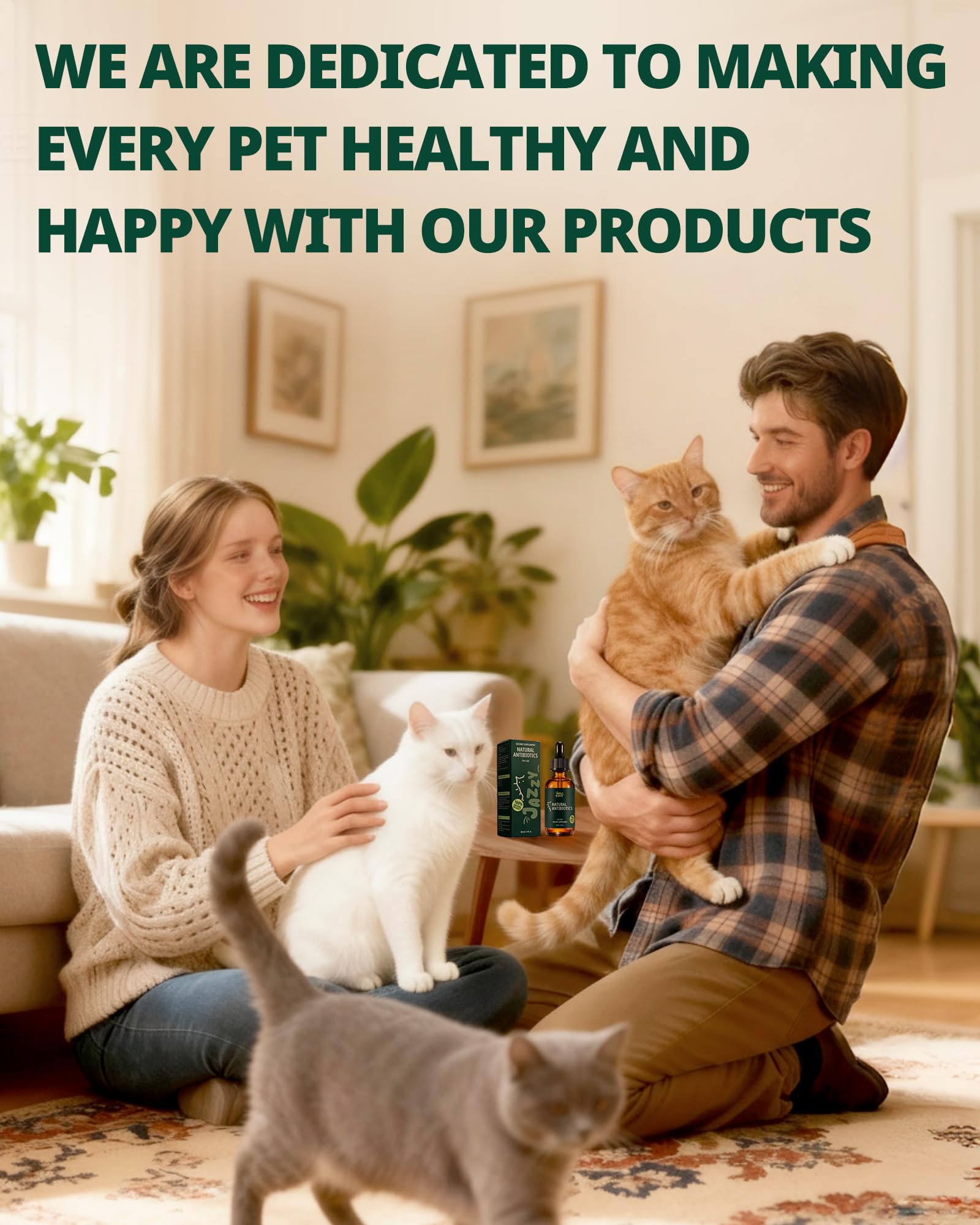 Jazzy Fuzzy Antibiotic Cat health-shine-coat hints at healthy-looking skin.