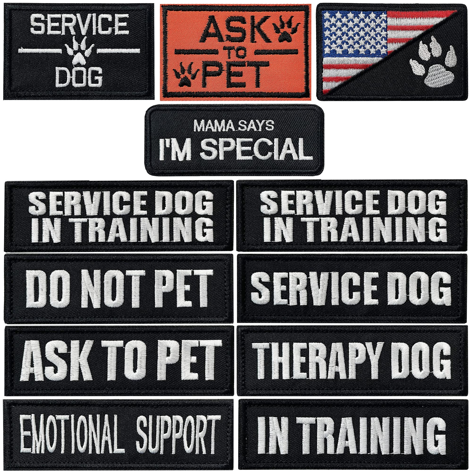 J.CARP service dog patches 12-piece pack for easy labeling on harnesses and gear.