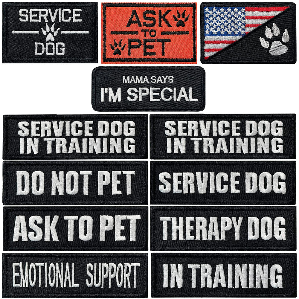 J.CARP service dog patches 12-piece pack for easy labeling on harnesses and gear.