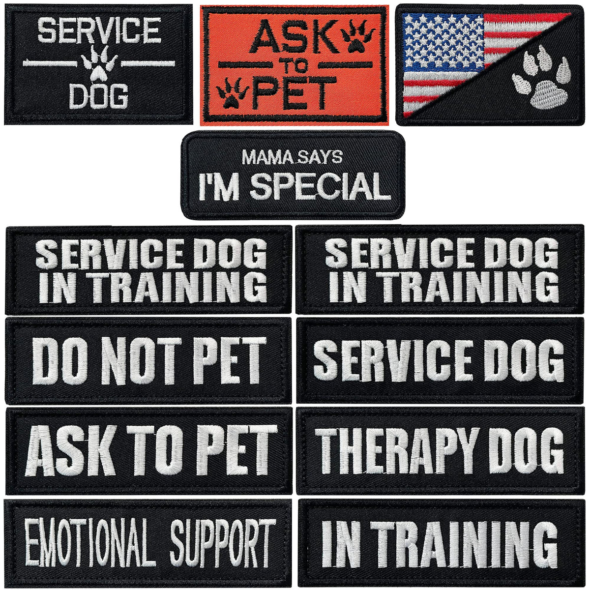 J.CARP service dog patches 12-piece pack for easy labeling on harnesses and gear.