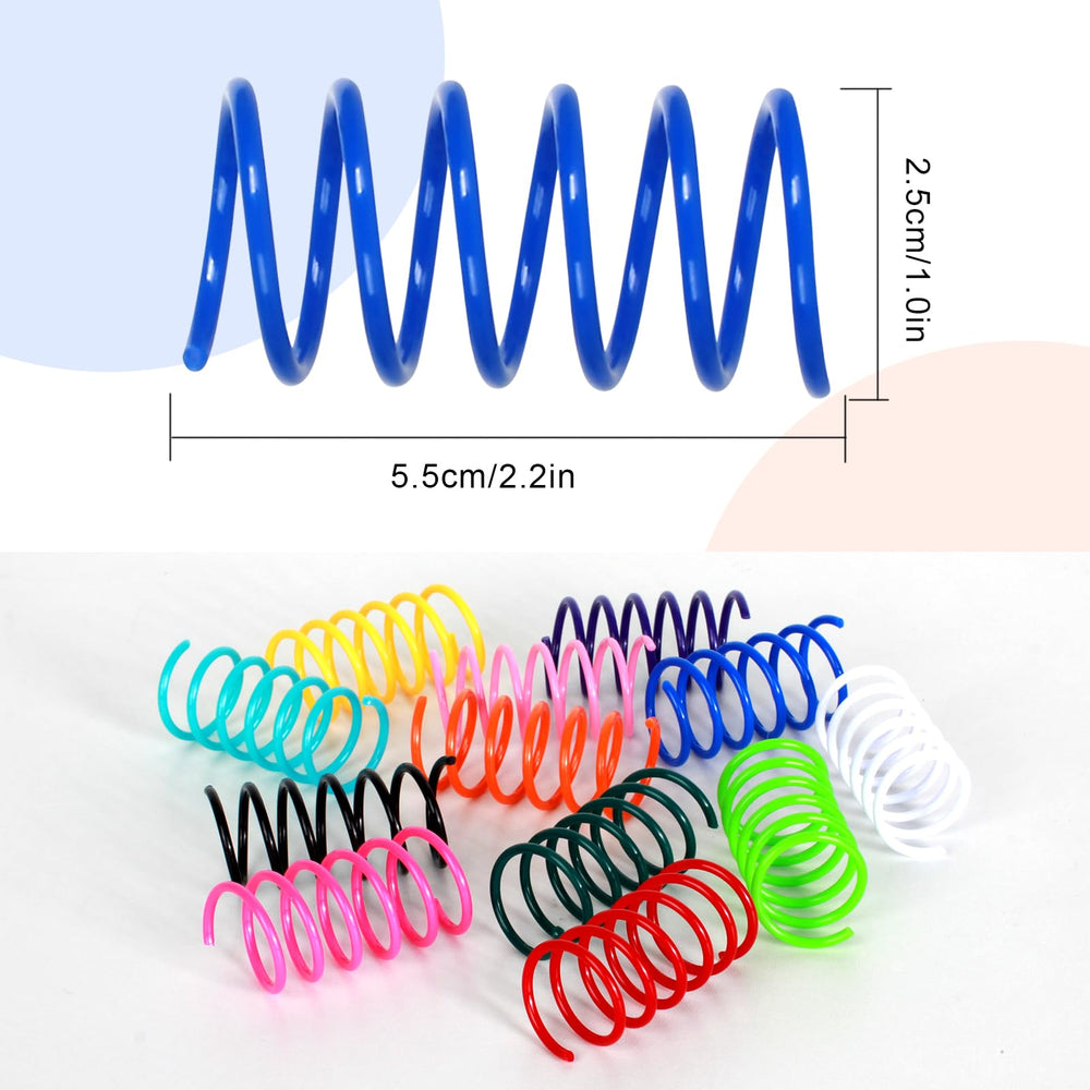 JCSHIMO bright-colors cat-springs closeup demonstrates lightweight, safe plastic for gentle chewers.