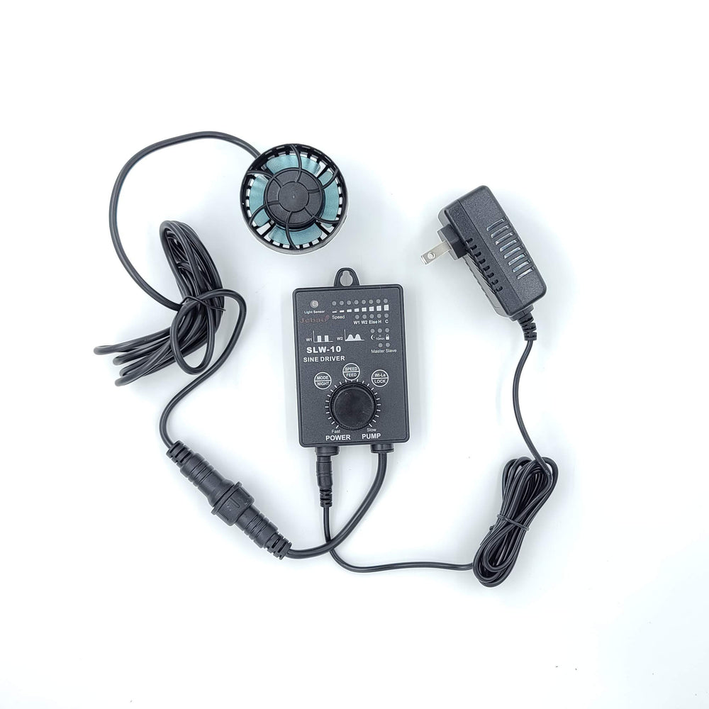 Jebao SLW-10 pump close-up showing compact design for space-saving reef aquariums.