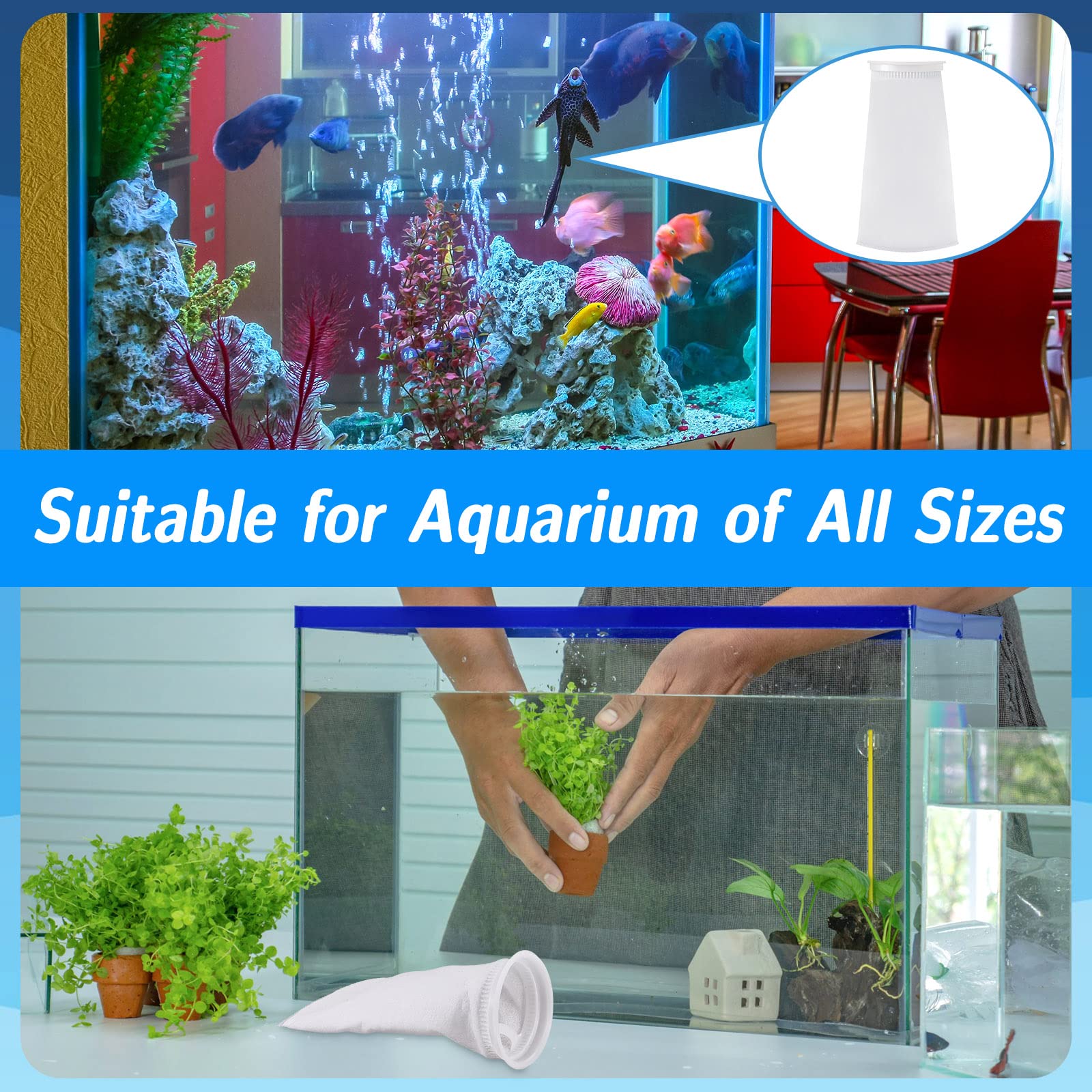 Jecery aquarium sock pack keeps water clearer between changes.